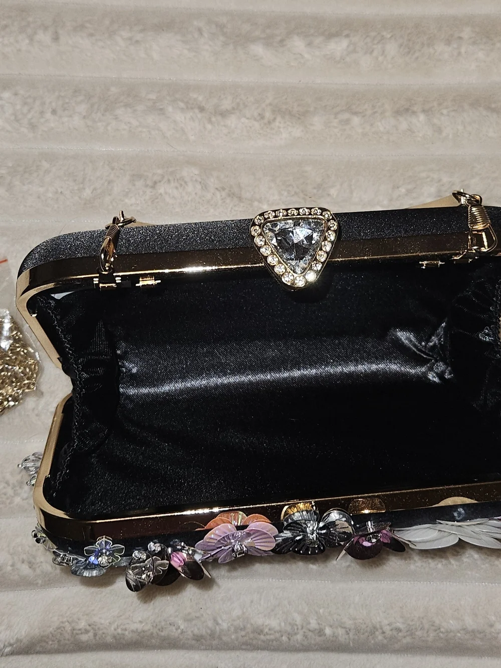 Floral Embellished Black Handbag with Pink & Gold Accents - Picture 4 of 4